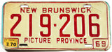 A 1970 New Brunswick Canadian car license plate in very good condition