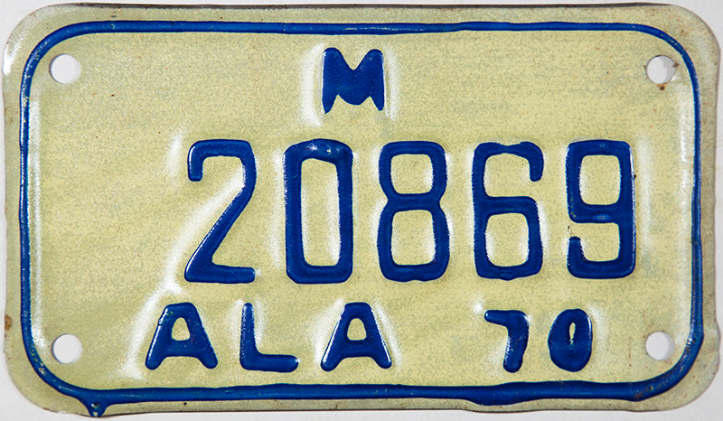 1970 Alabama Motorcycle License Plate in excellent minus condition