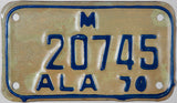 1970 Alabama Motorcycle License Plate in vg to vg plus condition