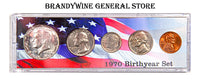 A 1970 Birth Year coin set which includes the 40% silver Kennedy Half Dollar, Washington Quarter, Roosevelt Dime, Jefferson Nickel and Lincoln Cent for sale by Brandywine General Store