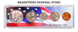 A 1970 Birth Year coin set which includes the 40% silver Kennedy Half Dollar, Washington Quarter, Roosevelt Dime, Jefferson Nickel and Lincoln Cent for sale by Brandywine General Store