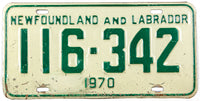 A classic 1970 Newfoundland and Labrador passenger car license plate in very good condition