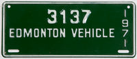 A classic 1971 Edmonton Canada vehicle license plate in excellent condition