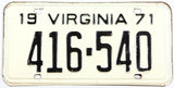 A single 1971 Virginia car license plate in very good plus condition