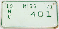 A classic 1971 Mississippi motorcycle license plate in very good plus condition