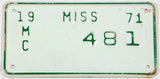 A classic 1971 Mississippi motorcycle license plate in very good plus condition