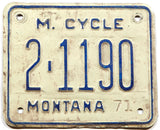 A classic 1971 Montana motorcycle license plate in very good minus condition