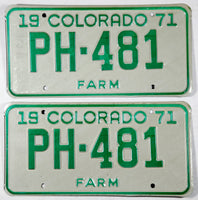 An unused classic pair of 1971 Colorado Farm License Plates grading excellent minus for sale by Brandywine General Store