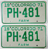 An unused classic pair of 1971 Colorado Farm License Plates grading excellent minus for sale by Brandywine General Store