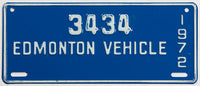 A classic 1972 Edmonton Canada vehicle license plate in excellent condition