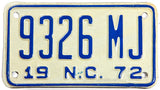 A 1972 North Carolina Motorcycle License Plate in excellent condition