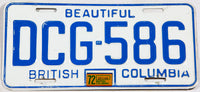 A classic 1972 British Columbia passenger car license plate in excellent minus condition