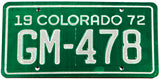 A vintage 1972 Colorado Motorcycle License Plate in excellent minus condition
