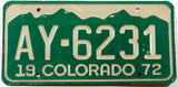 A 1972 Colorado car license plate in very good plus condition