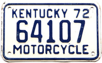 A 1972 Kentucky Motorcycle License Plate for sale at Brandywine General Store in very good plus condition