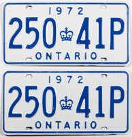 A classic pair of 1972 Ontario car license plates in NOS excellent minus condition