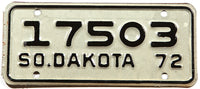 A classic 1972 South Dakota motorcycle license plate for sale at Brandywine General Store in New Old Stock Excellent condition with original wrapper