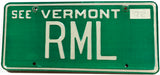 A 1972 personalized Vermont license plate with the intials RML in very good plus condition