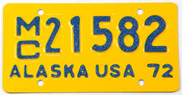 A classic NOS 1972 Alaska motorcycle license plate in NOS Near Mint condition