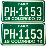A Classic pair of unused 1972 Colorado Farm License Plates for sale by Brandywine General Store in excellent or better condition