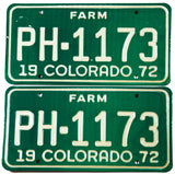 A Classic pair of unused 1972 Colorado Farm License Plates for sale by Brandywine General Store in excellent minus condition