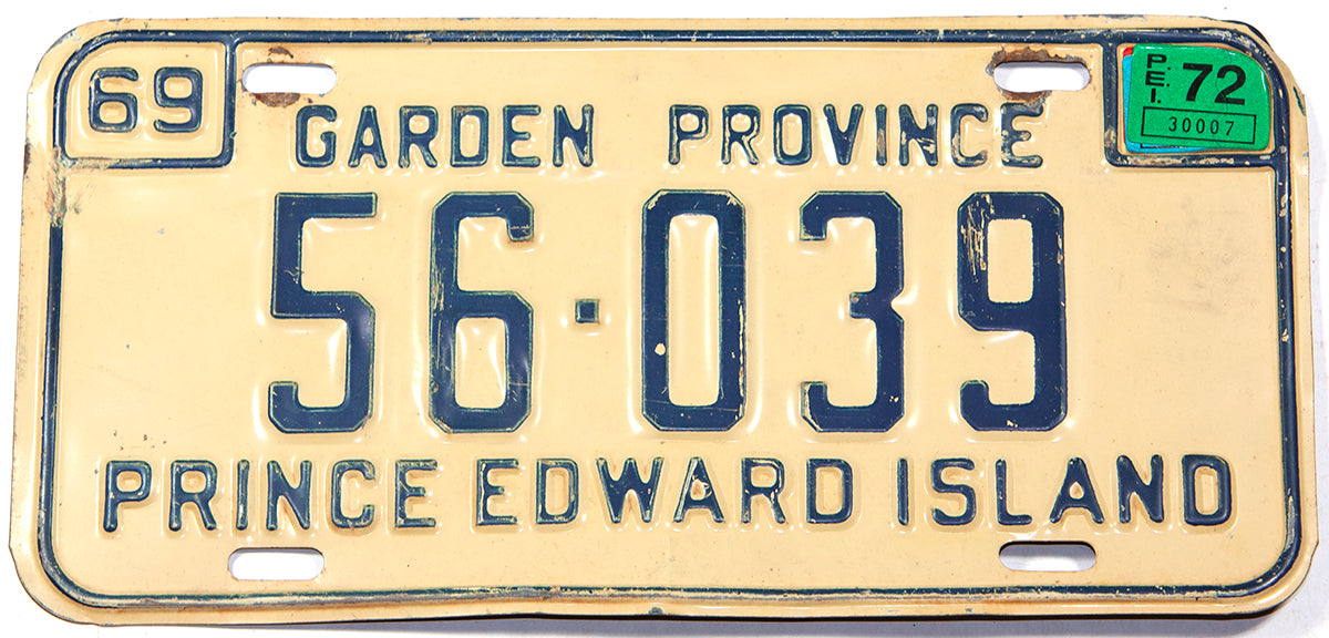 A classic 1972 passenger car license plate from the Canadian province of Prince Edward Island in very good plus condition with some minor bends