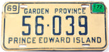 A classic 1972 passenger car license plate from the Canadian province of Prince Edward Island in very good plus condition with some minor bends