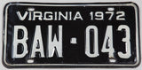 1972 Virginia License Plate single tag Very Good Plus