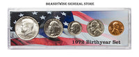 A 1972 Birth Year coin set which includes the Kennedy Half Dollar, Washington Quarter, Roosevelt Dime, Jefferson Nickel and Lincoln Cent for sale by Brandywine General Store