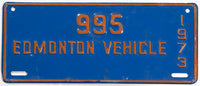 A classic 1973 Edmonton Canada vehicle license plate in very good plus condition