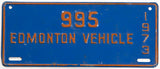 A classic 1973 Edmonton Canada vehicle license plate in very good plus condition