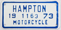 A classic 1973 city of Hampton Virginia motorcycle license plate in excellent condition