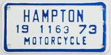 A classic 1973 city of Hampton Virginia motorcycle license plate in excellent condition