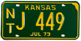 1973 Kansas car license plate in excellent condition and with original wrapper