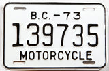 A classic 1973 British Columbia motorcycle license plate in excellent plus condition