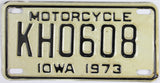 A Classic New Old Stock 1973 Iowa Motorcycle License Plate in Very Good Plus condition