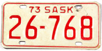 A classic 1973 Saskatchewan MOT motorcycle license plate in very good plus condition