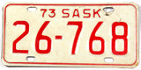 A classic 1973 Saskatchewan MOT motorcycle license plate in very good plus condition