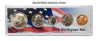 A 1973 Birth Year coin set which includes the Kennedy Half Dollar, Washington Quarter, Roosevelt Dime, Jefferson Nickel and Lincoln Cent for sale by Brandywine General Store