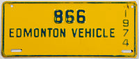 A classic 1974 Edmonton Canada vehicle license plate in excellent condition