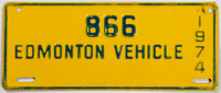 A classic 1974 Edmonton Canada vehicle license plate in excellent condition
