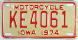 An unused new old stock 1974 Iowa Motorcycle License Plate that is in Excellent Plus Condition