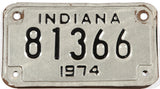 A 1974 Indiana motorcycle license plate in very good condition