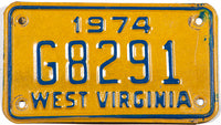 A classic 1974 West Virginia motorcycle license plate in very good plus condition