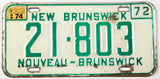 A classic 1974 New Brunswick passenger car license plate in very good minus condition