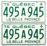 A classic pair of 1975 Quebec passenger car license plates in very good condition with some bending