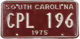 A 1975 South Carolina passenger car license plate in very good plus condition