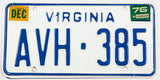 A 1975 Virginia passenger car license plate in very good plus condition