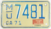 A slightly used 1975 Georgia Motorcycle License Plate in excellent minus condition