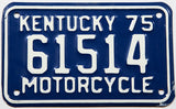A New Old Stock 1975 Kentucky Motorcycle License Plate for sale by Brandywine General Store in excellent condition